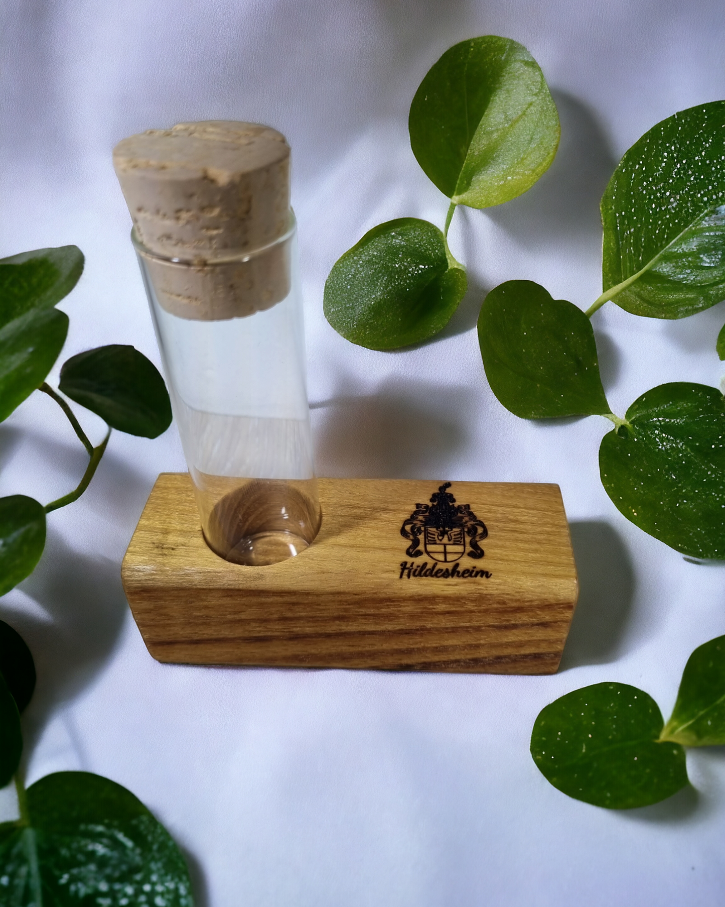 Reagenzglasvase einfach, mit Hildesheim-Wappen, Grundplatte aus Robinien-Massivholz, geölt, Unikat