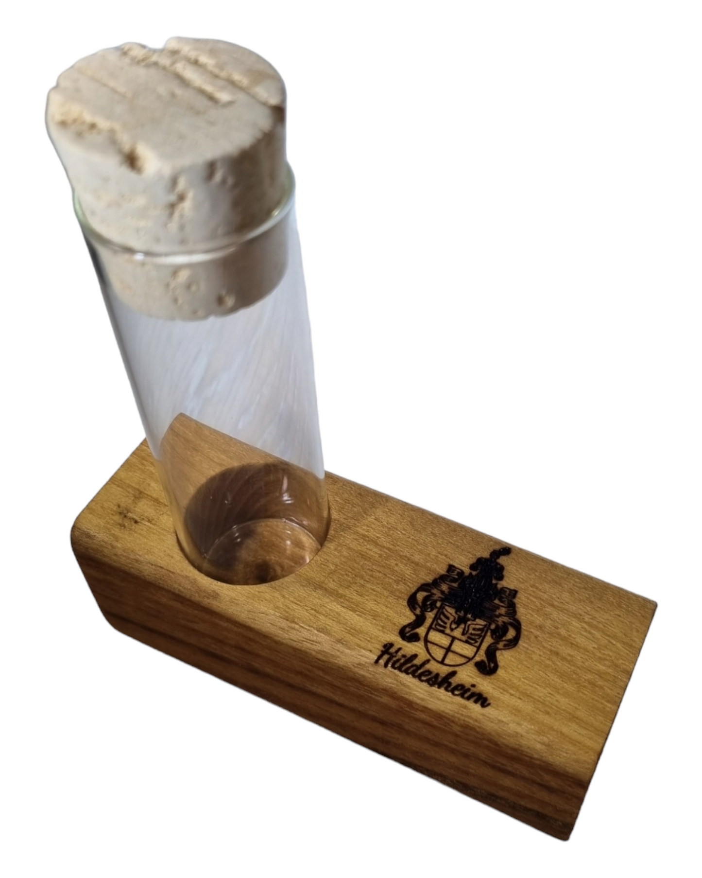 Reagenzglasvase einfach, mit Hildesheim-Wappen, Grundplatte aus Robinien-Massivholz, geölt, Unikat