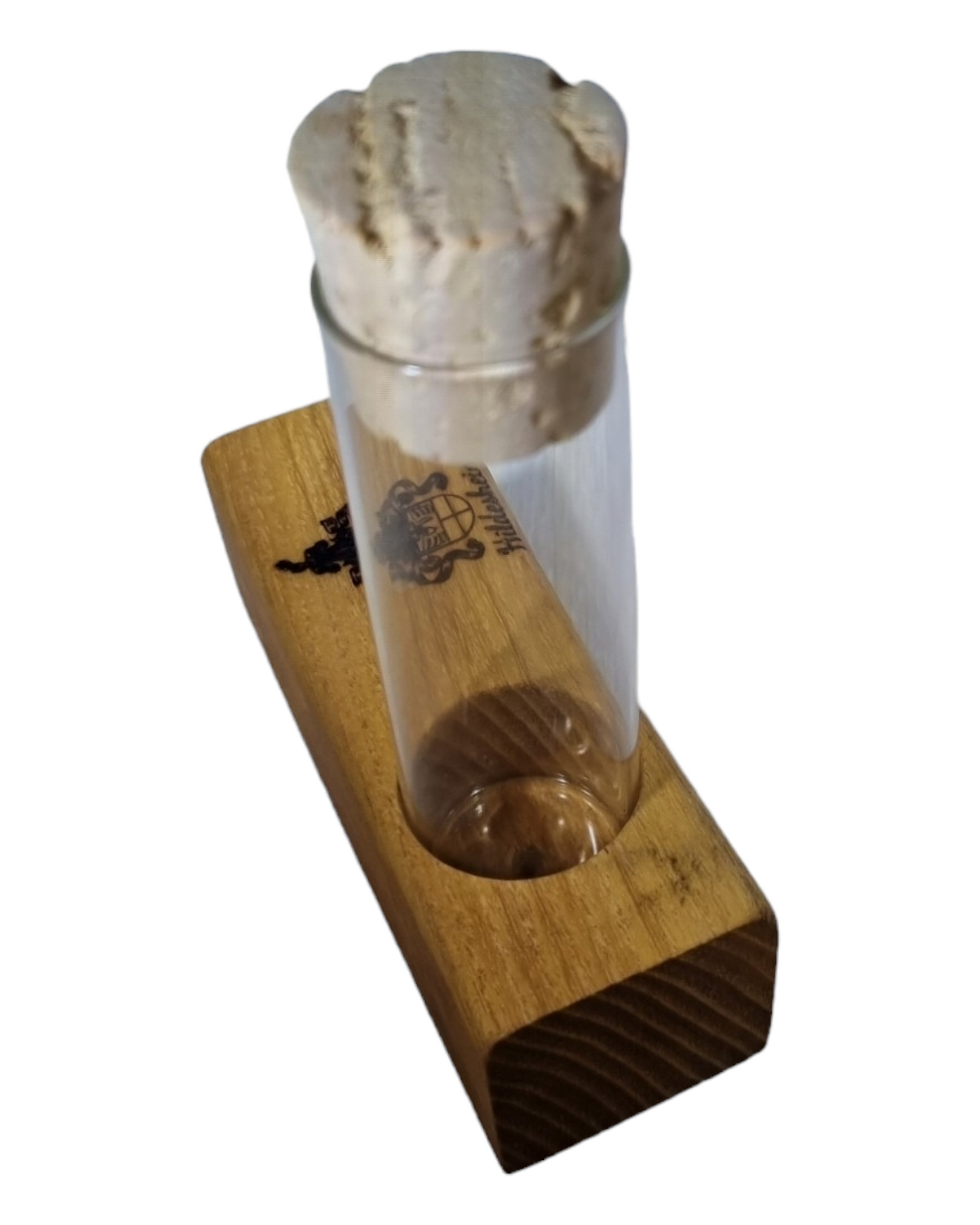 Reagenzglasvase einfach, mit Hildesheim-Wappen, Grundplatte aus Robinien-Massivholz, geölt, Unikat