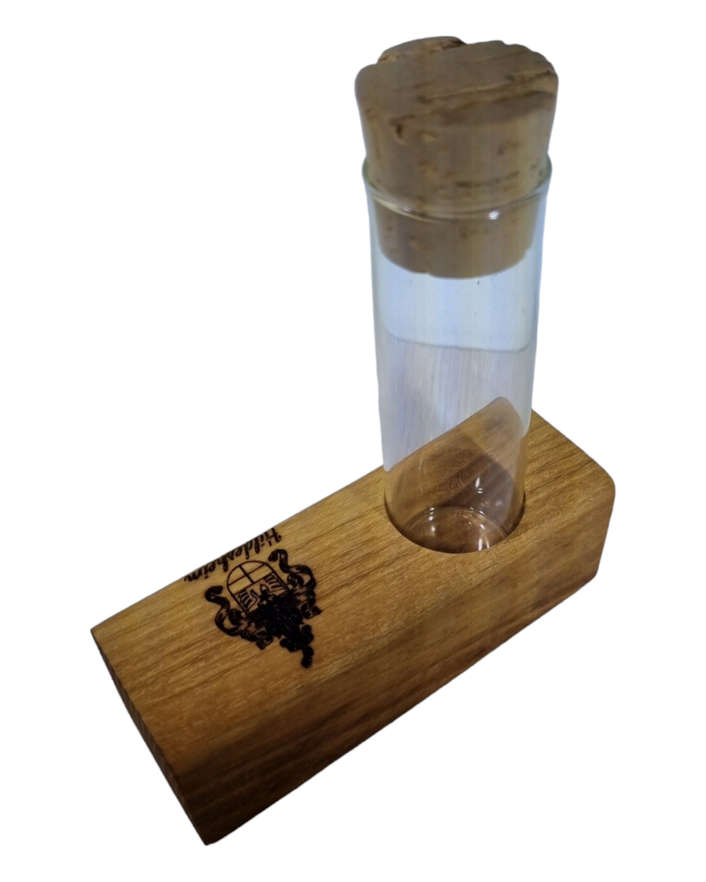 Reagenzglasvase einfach, mit Hildesheim-Wappen, Grundplatte aus Robinien-Massivholz, geölt, Unikat