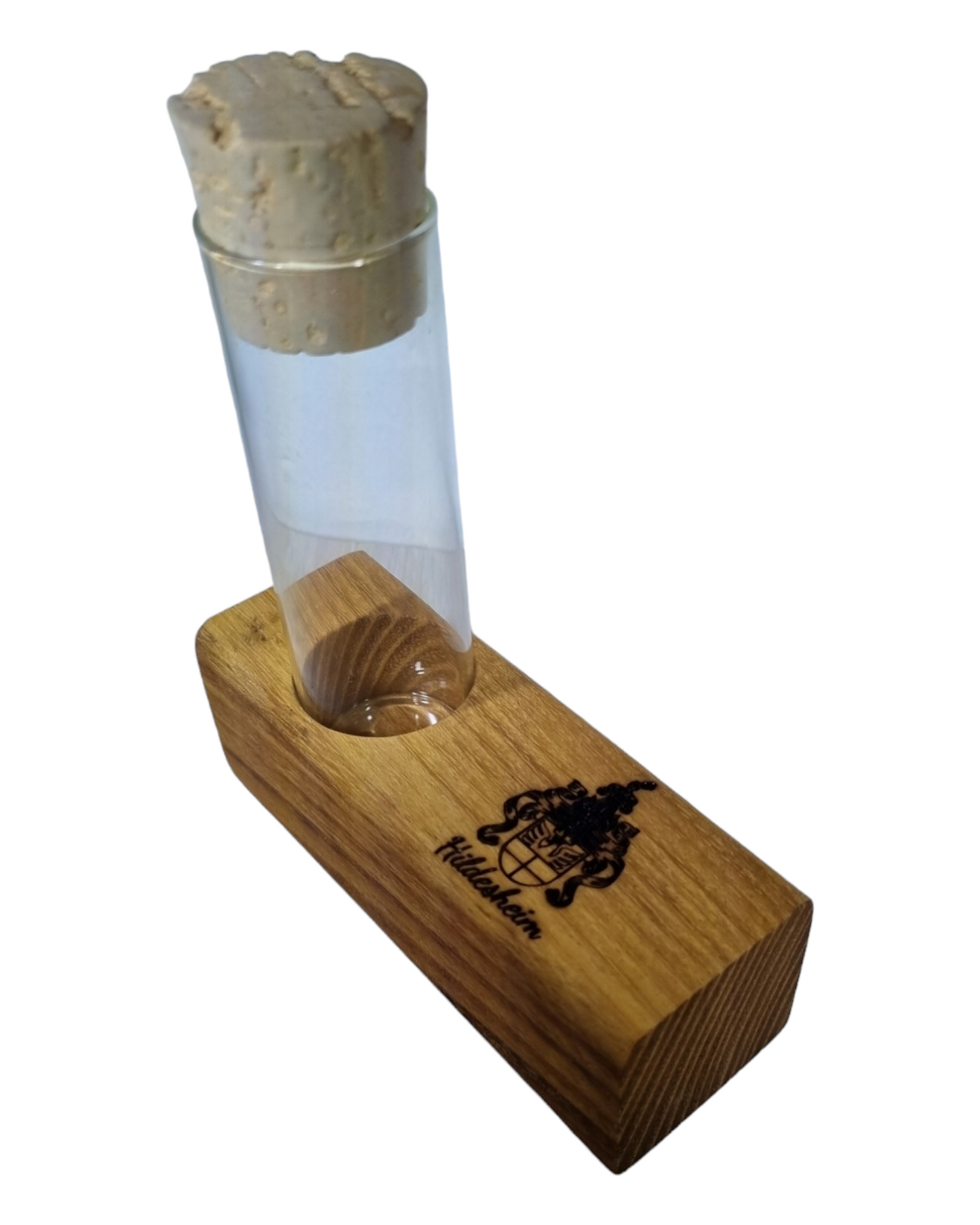 Reagenzglasvase einfach, mit Hildesheim-Wappen, Grundplatte aus Robinien-Massivholz, geölt, Unikat