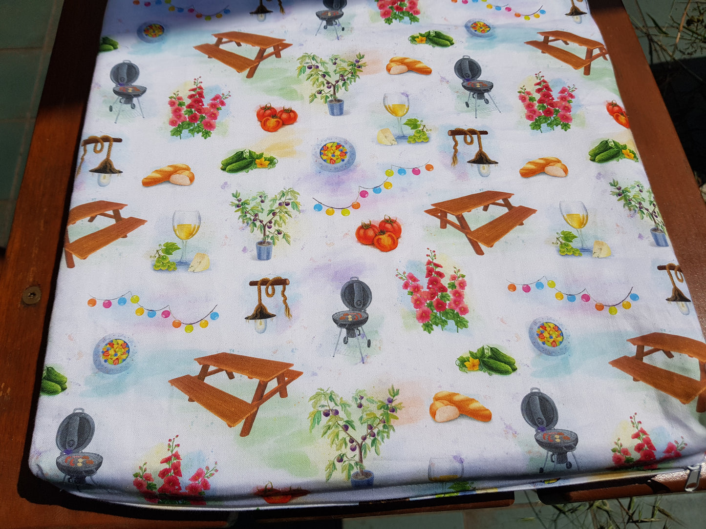 Bankauflage, Sitzpolster, Sitzkissen, 147 x 30 x 4 cm, Bio-Baumwolle, 140 g / qm, Satin, Grillparty-Muster