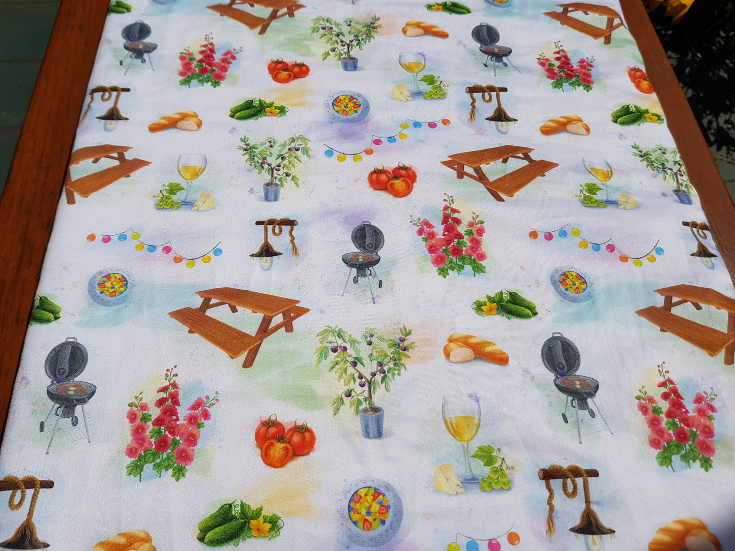 Bankauflage, Sitzpolster, Sitzkissen, 147 x 30 x 4 cm, Bio-Baumwolle, 140 g / qm, Satin, Grillparty-Muster