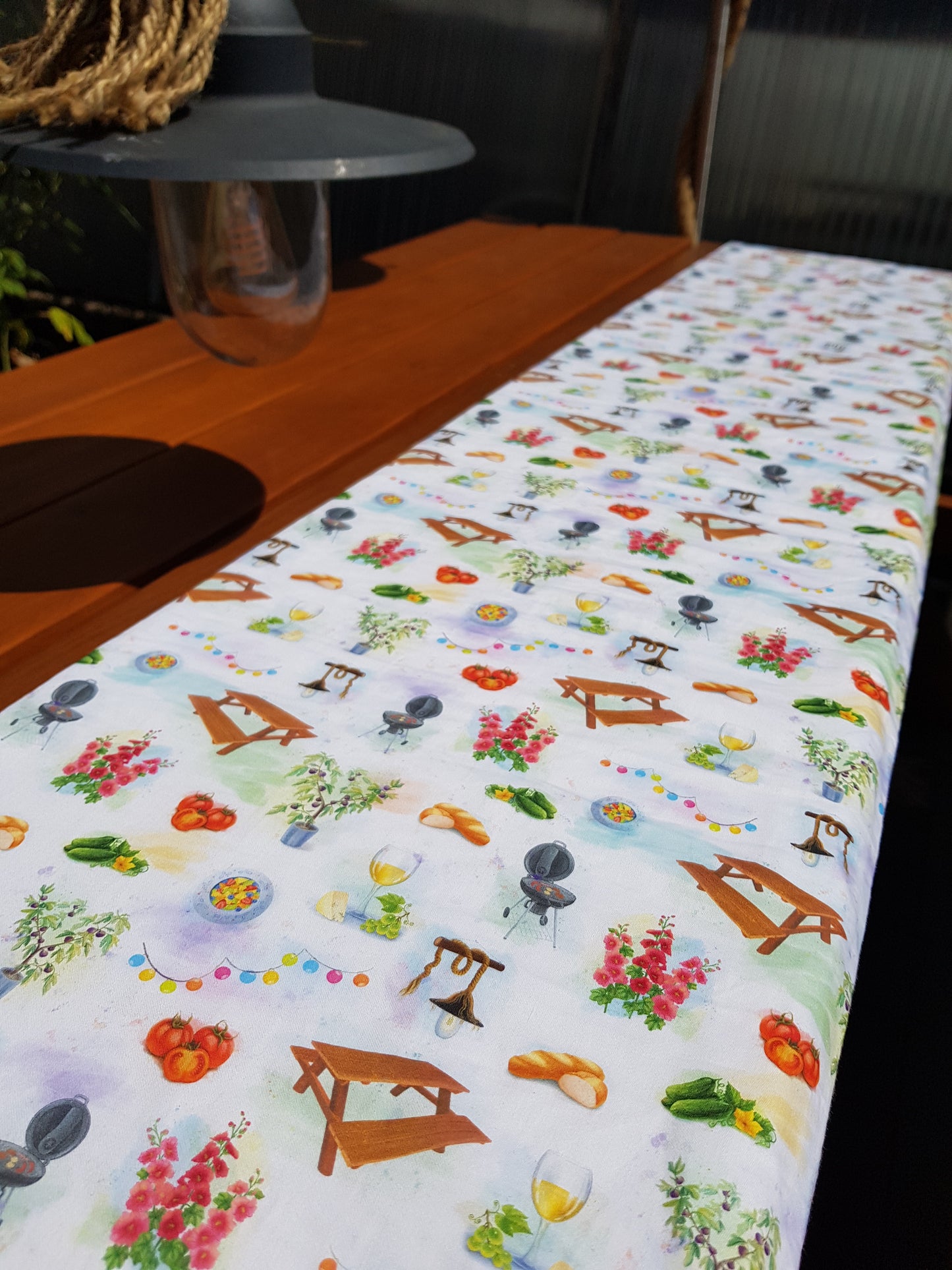 Bankauflage, Sitzpolster, Sitzkissen, 147 x 30 x 4 cm, Bio-Baumwolle, 140 g / qm, Satin, Grillparty-Muster