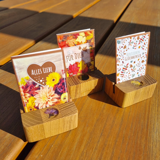 Mini-Kartenhalter, Fotohalter, Robinien-Leimholz, Gastgeschenk, Hochzeit, Epoxy-Blüte & Wunschgravur möglich (versch. Varianten)