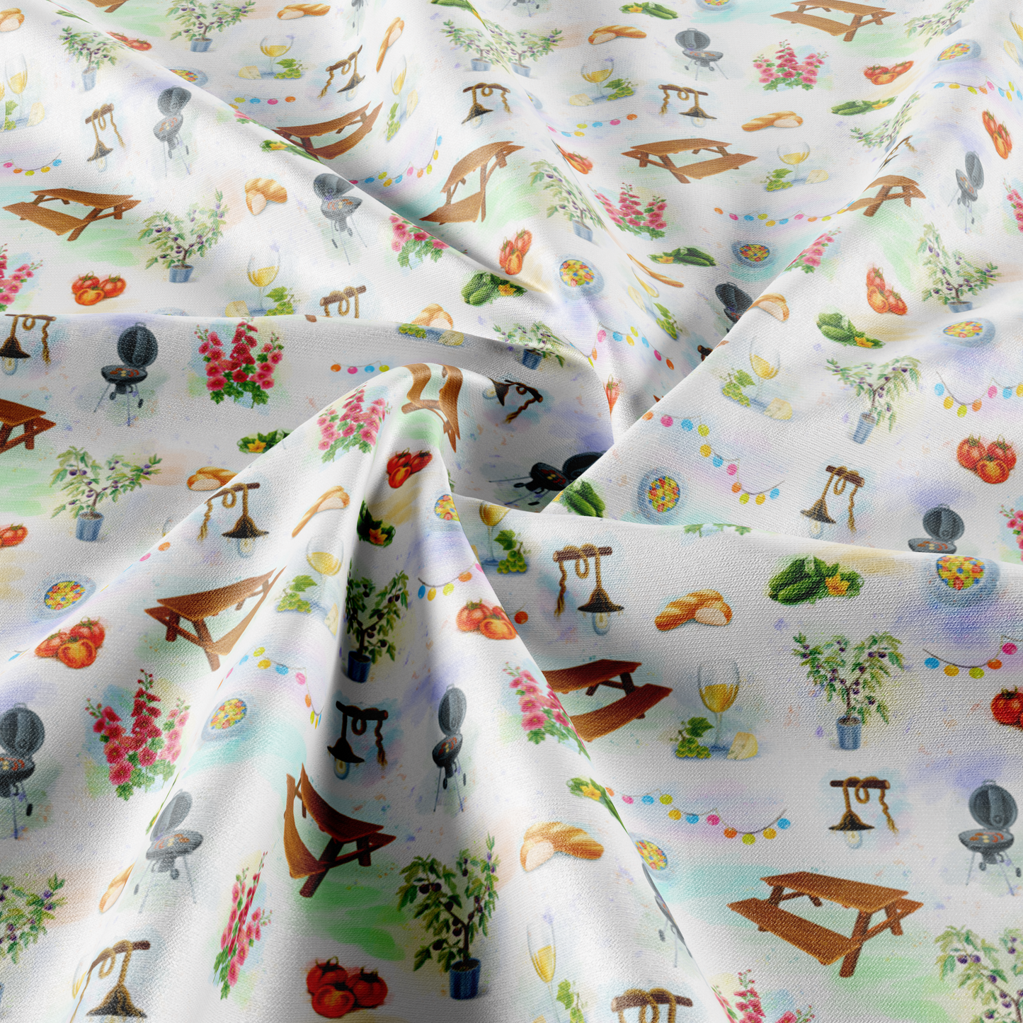 0,5 m, Stoff, Satin, Bio-Baumwolle, 100 % Baumwollanteil, 140 g / qm, Sommer-/Grillparty-Muster, aus Öko-Tex-zertifizierten Materialien