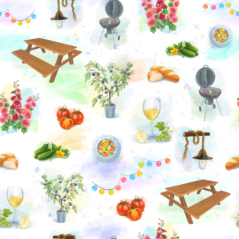 Bankauflage, Sitzpolster, Sitzkissen, 147 x 30 x 4 cm, Bio-Baumwolle, 140 g / qm, Satin, Grillparty-Muster